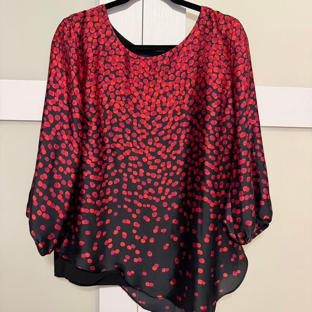 ALYX Women’s Black & Red Polka Dot Asymmetrical Blouse XL Sheer Overlay Top